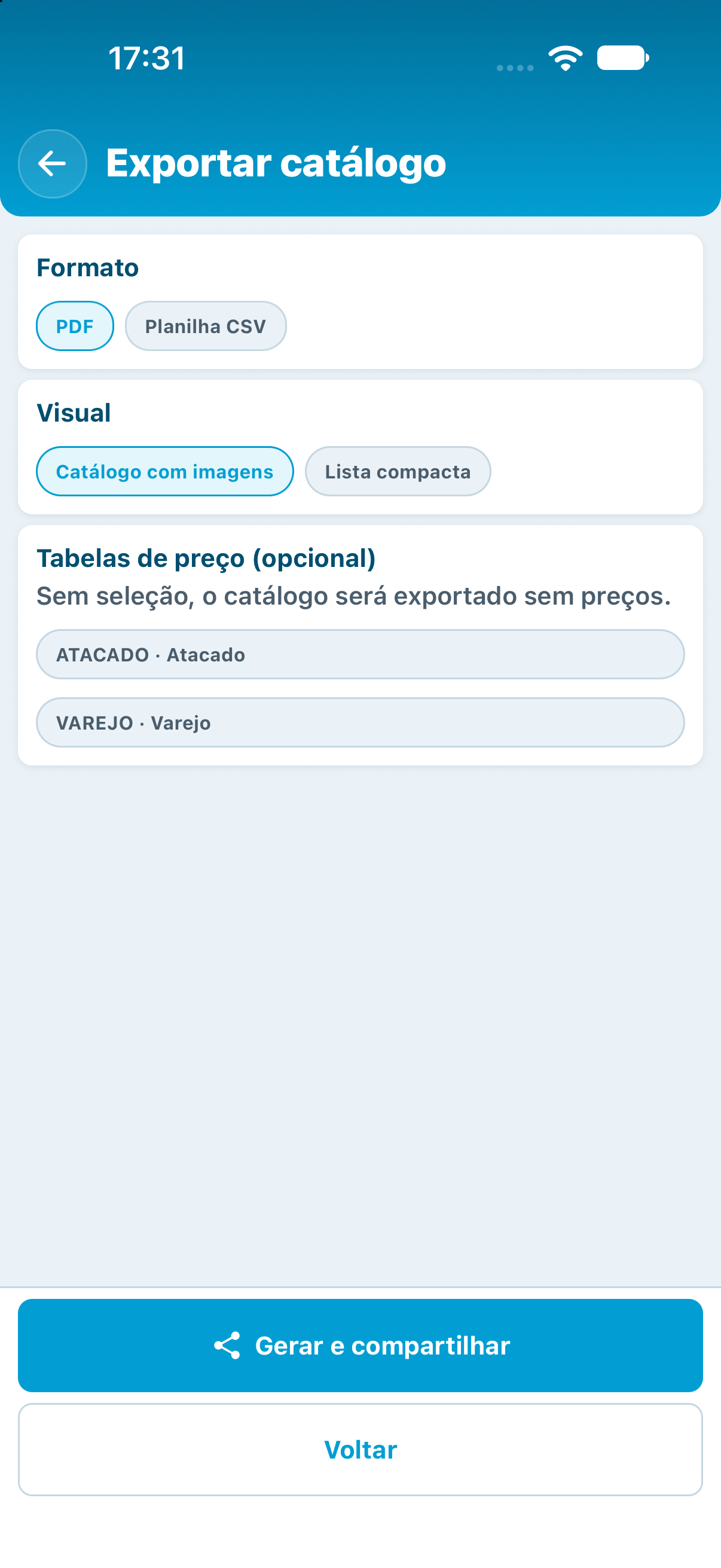 Exportação de catálogo em PDF ou CSV, com escolha do visual e das tabelas de preço.