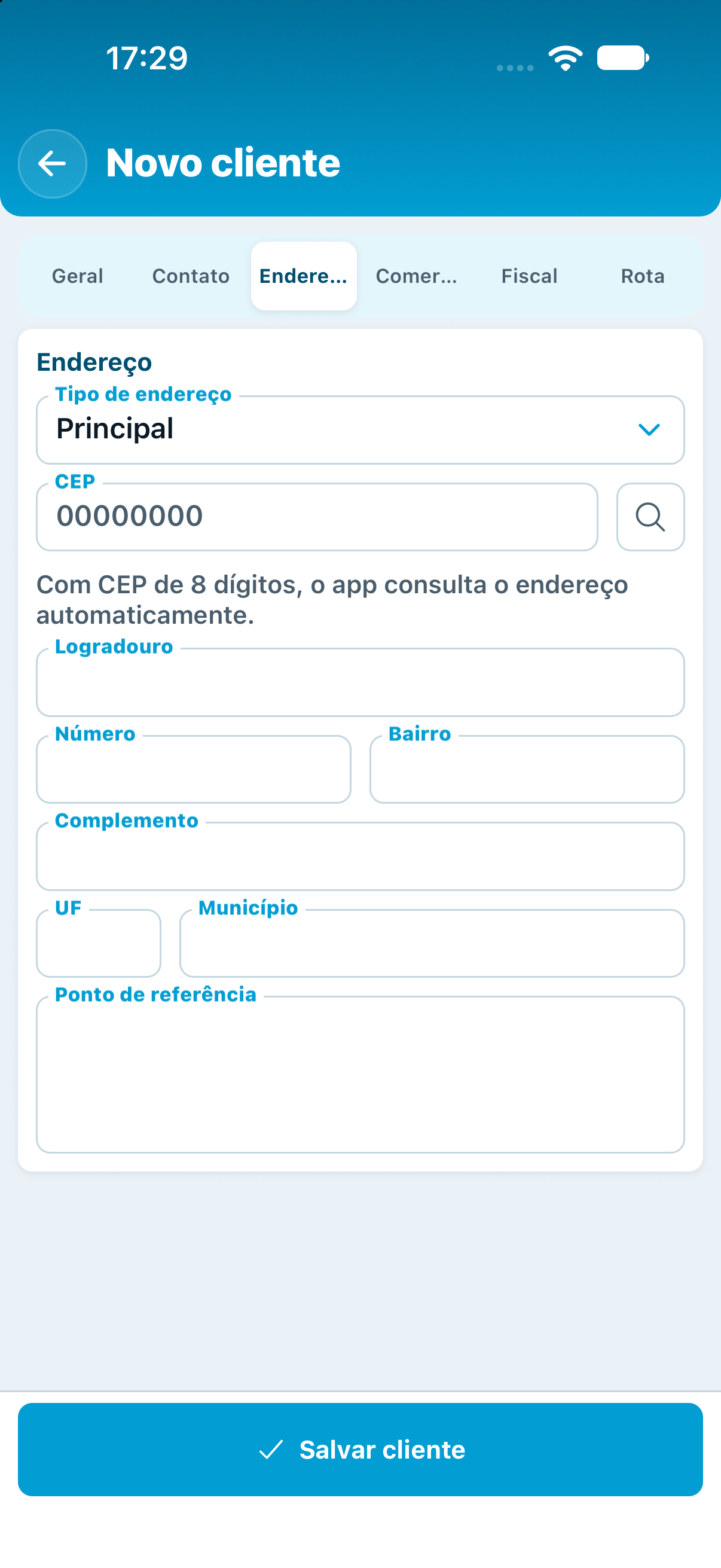 Aba Endereço no cadastro inicial do cliente, com CEP, número e localização.