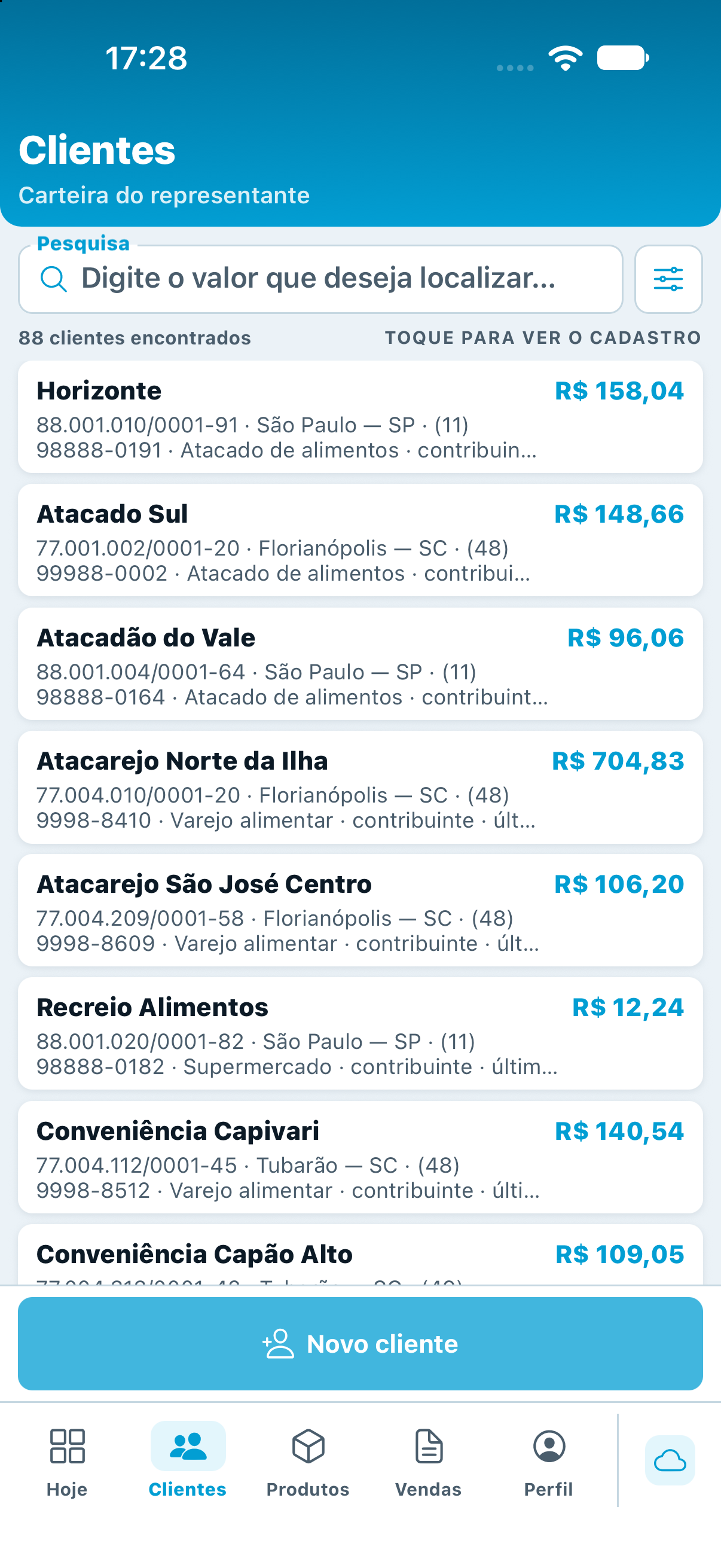 Carteira de clientes e botão Novo cliente no aplicativo.