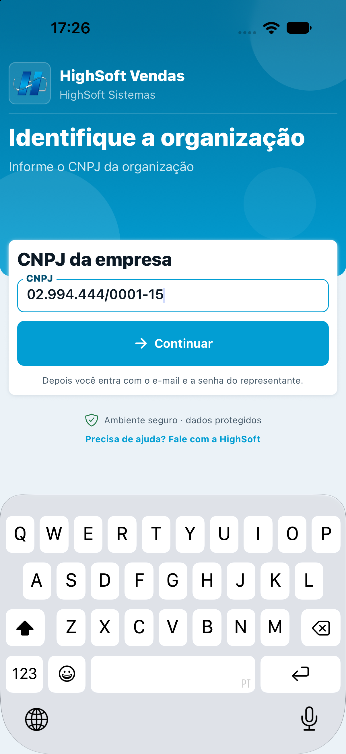 Identificação da organização pelo CNPJ no HighSoft Vendas.
