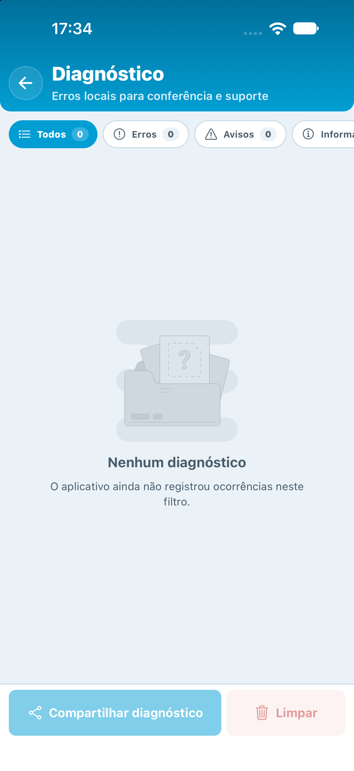 Diagnóstico sem ocorrências no filtro Todos, com opções de compartilhar e limpar desativadas.