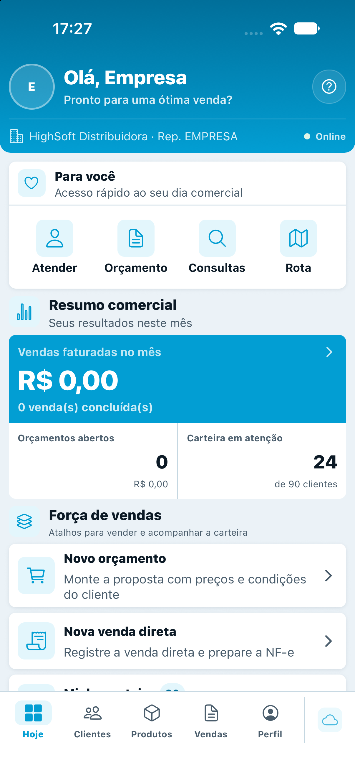 Tela Hoje com atalhos de atendimento e navegação inferior.