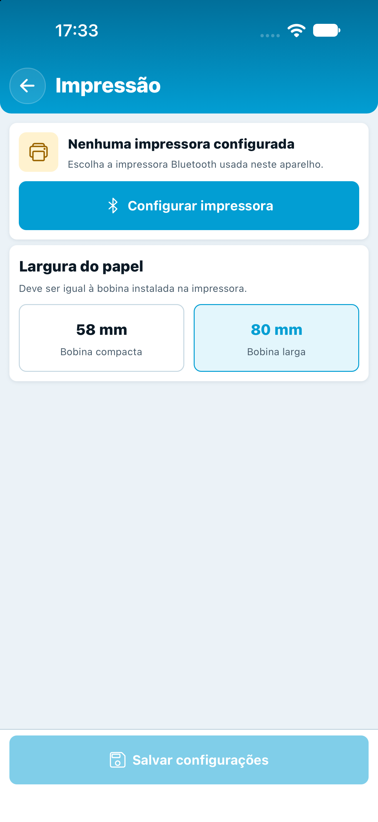 Configuração de impressão sem impressora selecionada, com opções de bobina de 58 e 80 mm.