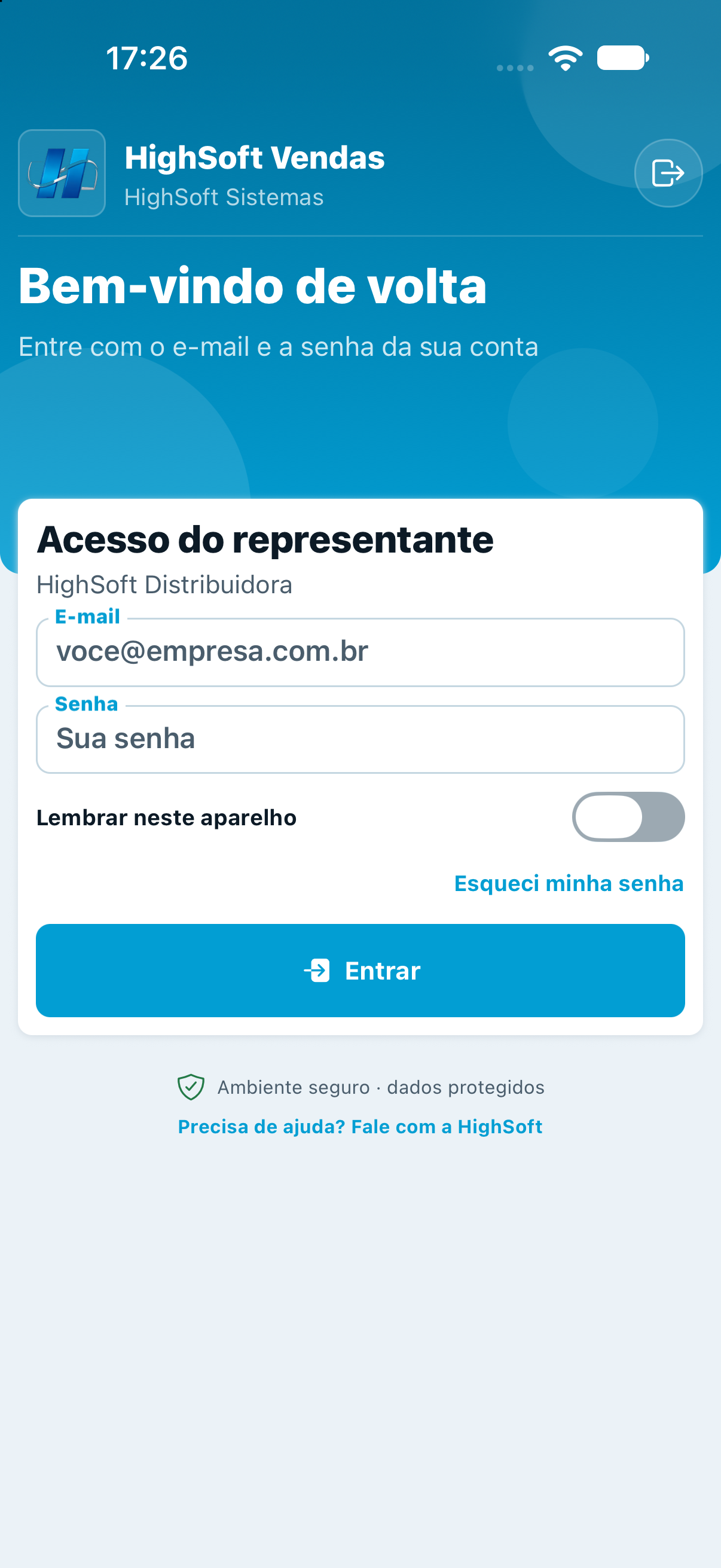 Tela de login do HighSoft Vendas com os campos de e-mail e senha vazios.
