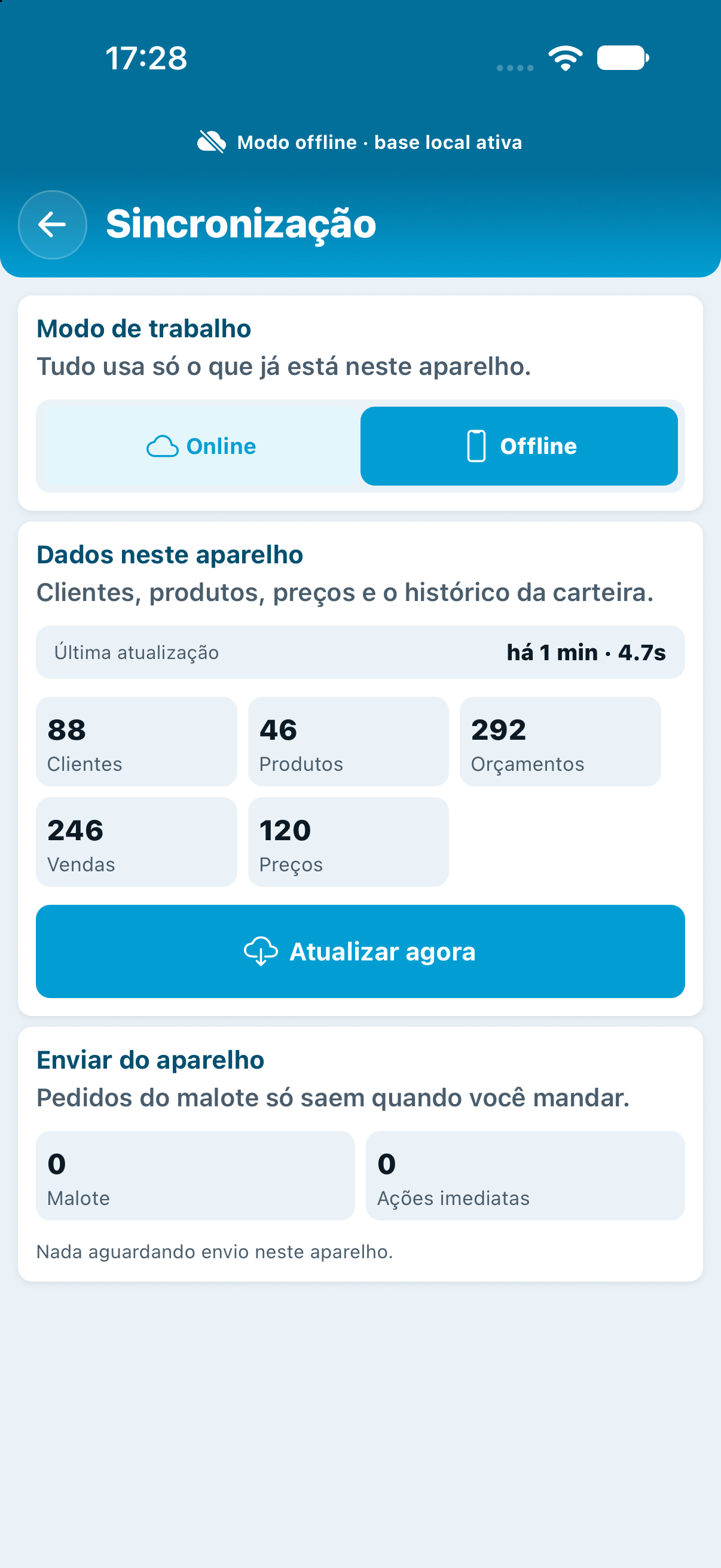 Sincronização em modo Offline com aviso de base local ativa.