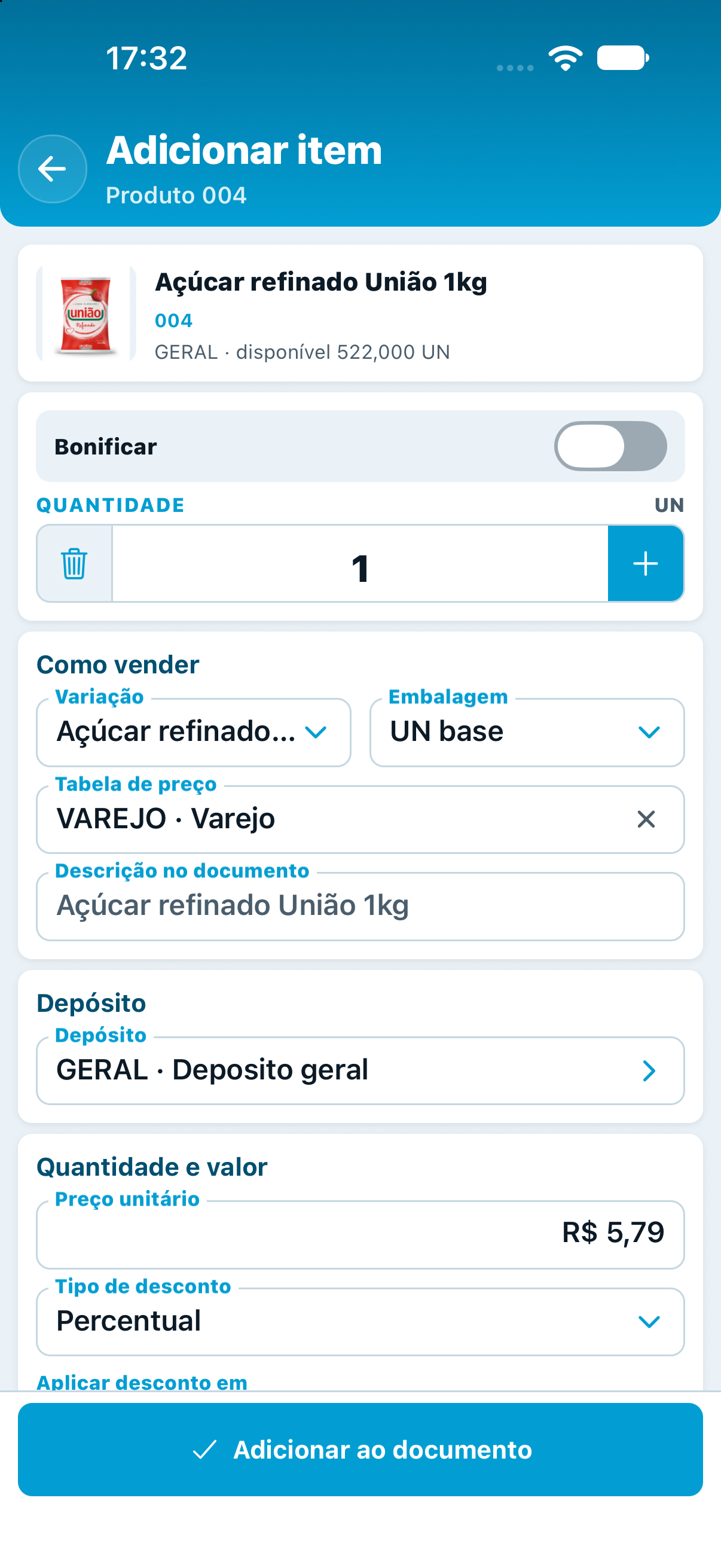 Configuração do item com bonificação, quantidade, variação, embalagem, tabela, depósito e preço.