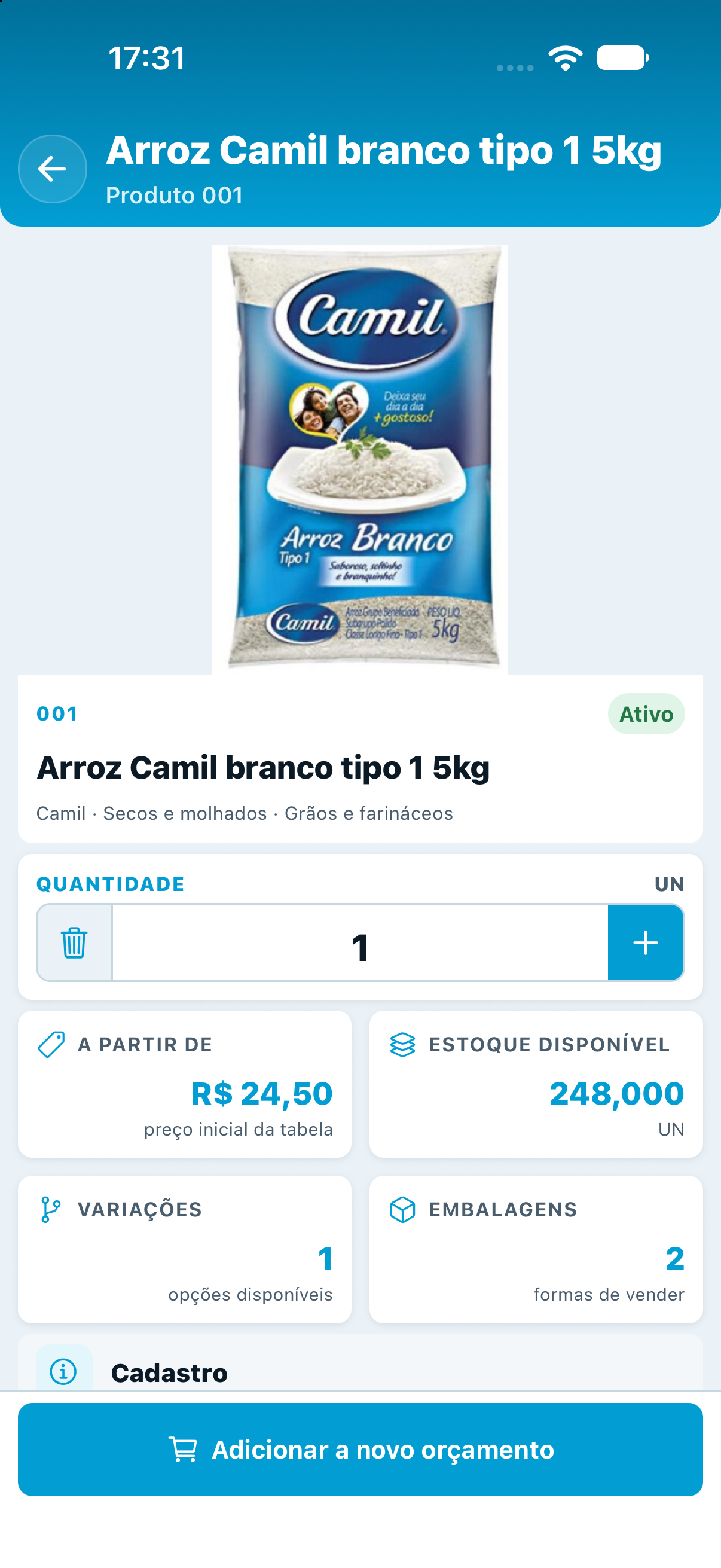 Detalhe do produto com preço inicial, estoque agregado, variações e embalagens.