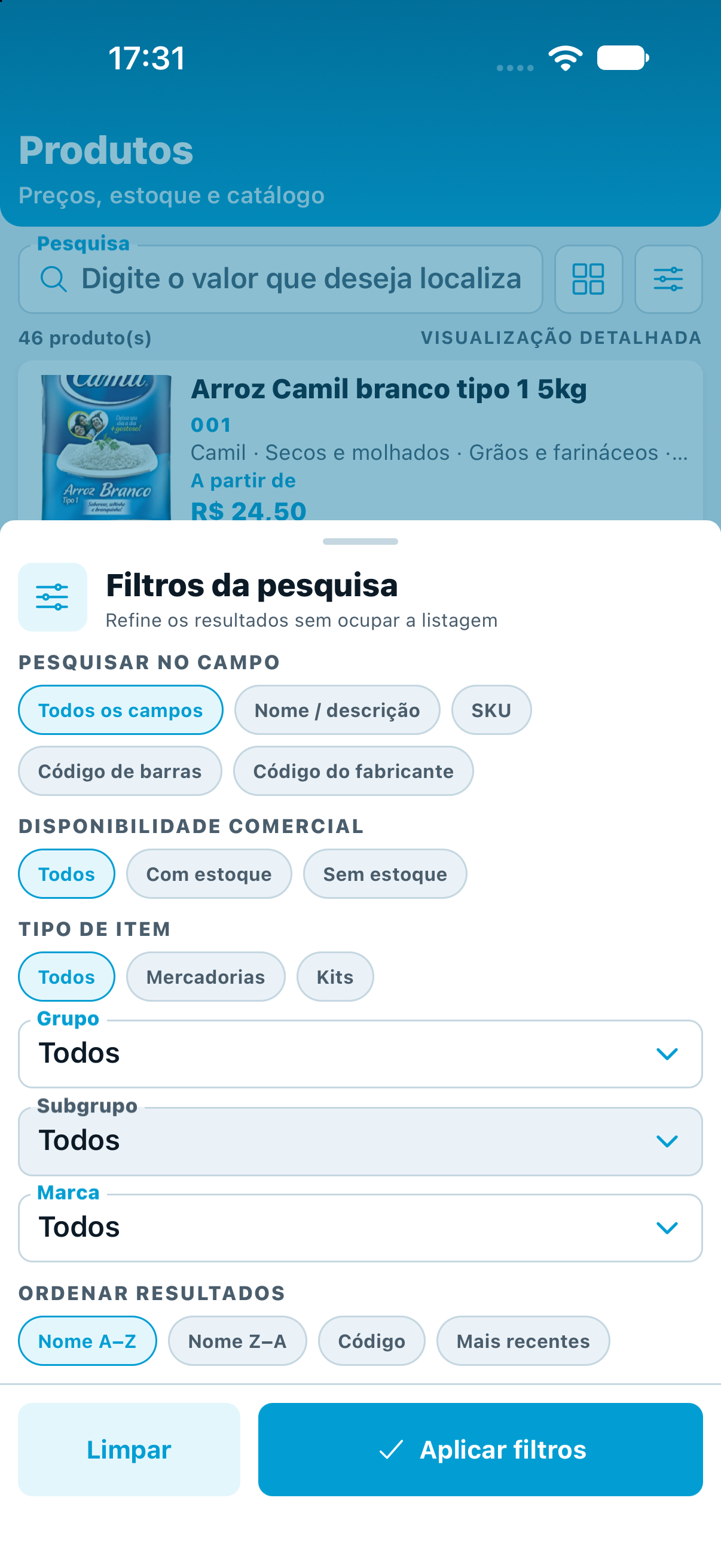 Filtros de produtos com campo de pesquisa, disponibilidade, grupo, marca e ordenação.