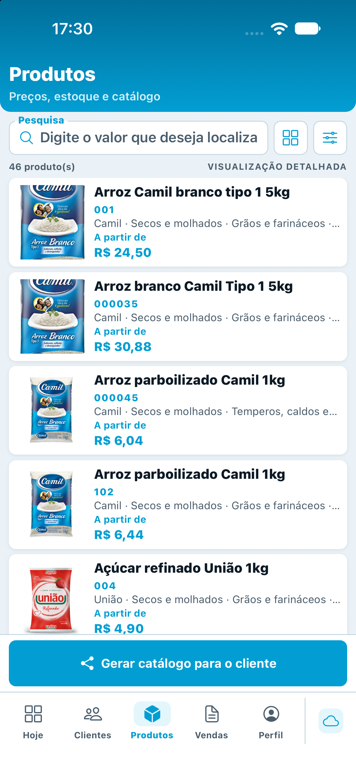 Catálogo de produtos em lista detalhada, com código, imagem e preço de referência.