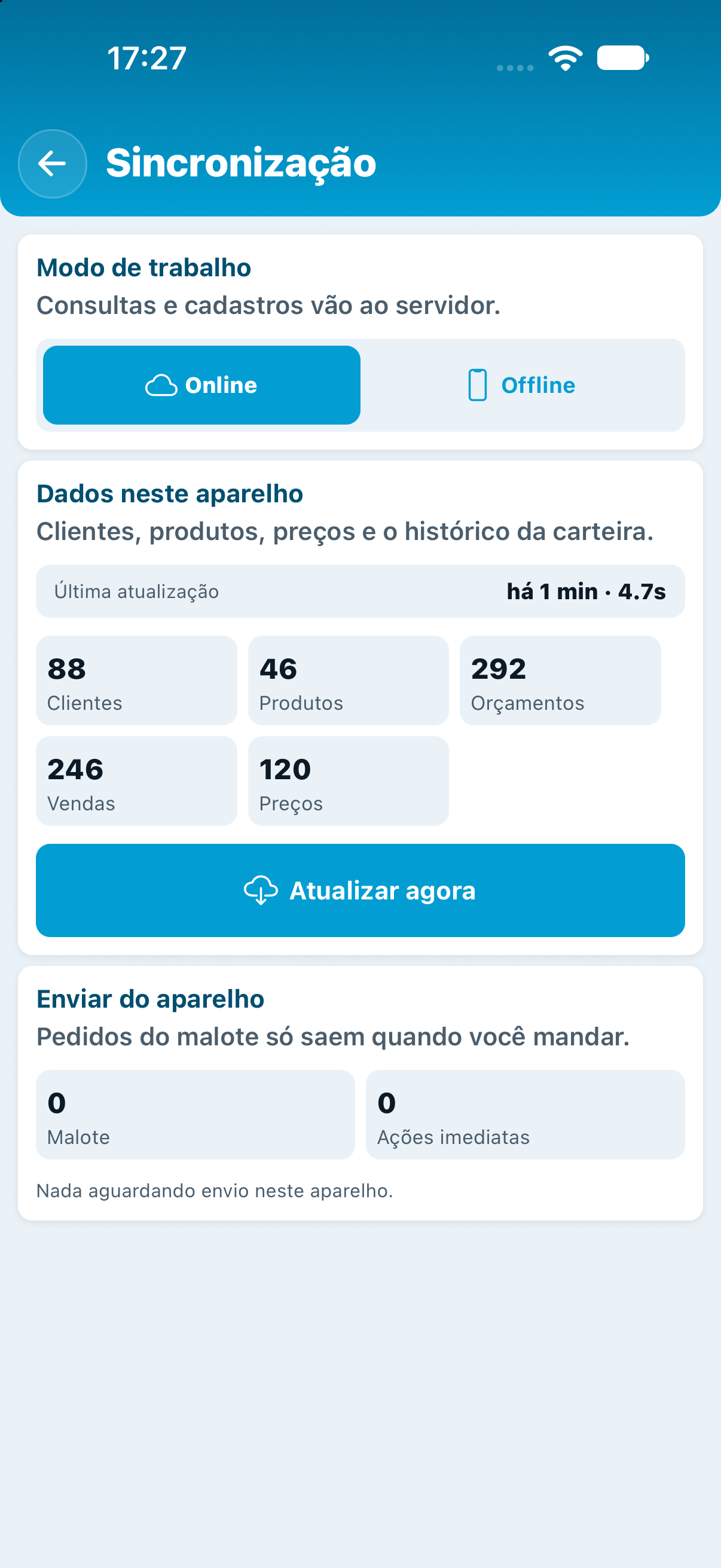 Sincronização em modo Online, mostrando a última atualização e as contagens locais.