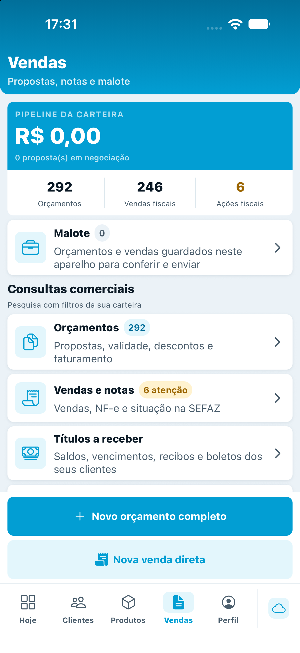 Menu Vendas com acesso a malote, orçamentos, vendas e notas e títulos a receber.