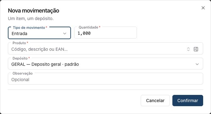 Nova movimentação: escolha tipo, quantidade, produto e depósito antes de confirmar