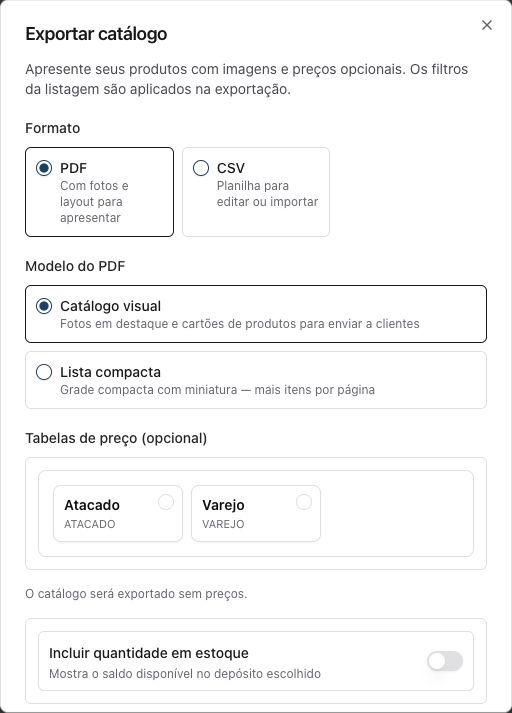 Opções de formato, modelo, preços e estoque no catálogo