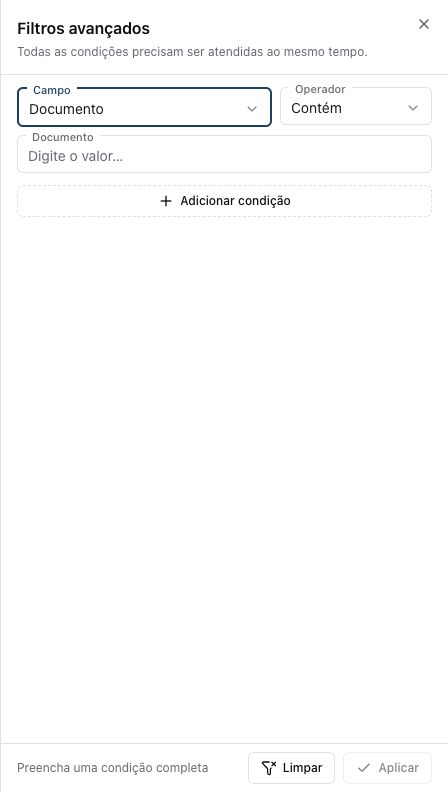 Painel de filtros avançados