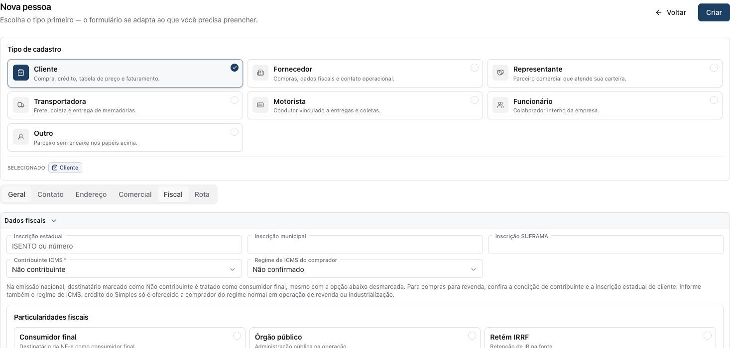 Dados fiscais do cliente em formulário real