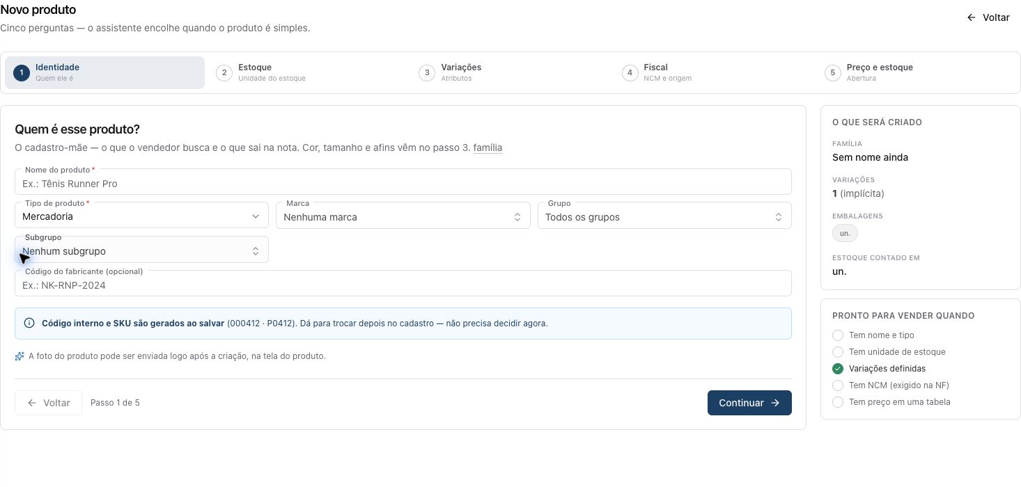 Primeiro passo do assistente de produto