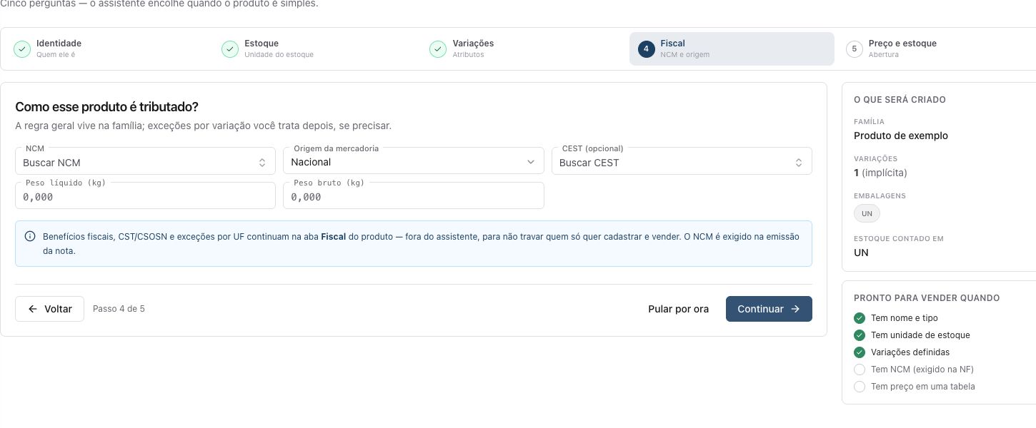 NCM, origem e pesos no assistente