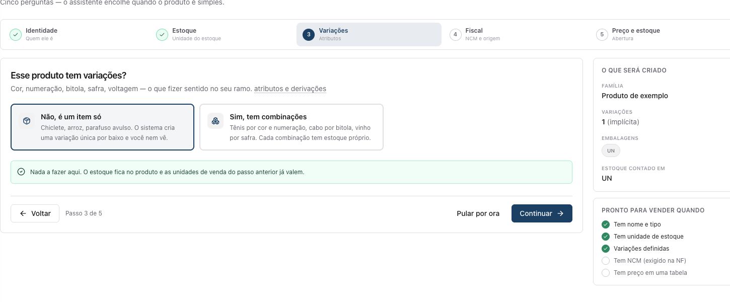 Escolha entre produto simples e combinações