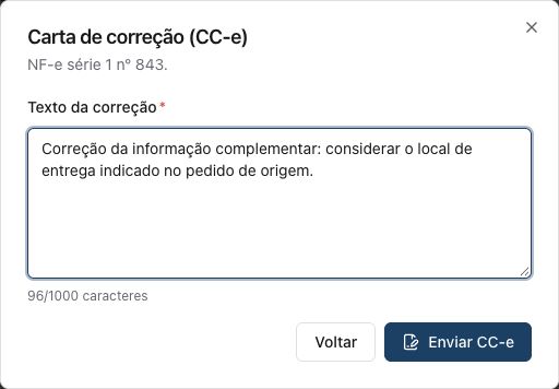Diálogo real de CC-e com texto ilustrativo, sem envio — revise a correção com o responsável fiscal