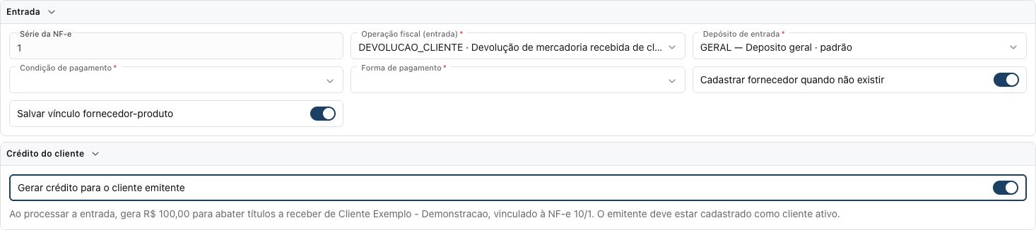 Entrada com operação de devolução e opção de gerar crédito — XML fictício de R$ 100, apenas analisado, sem importar ou processar